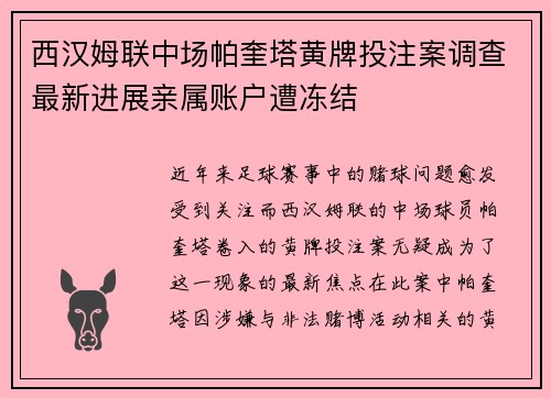 西汉姆联中场帕奎塔黄牌投注案调查最新进展亲属账户遭冻结 西汉姆联中场帕奎塔黄牌投注案调查最新进展亲属账户遭冻结